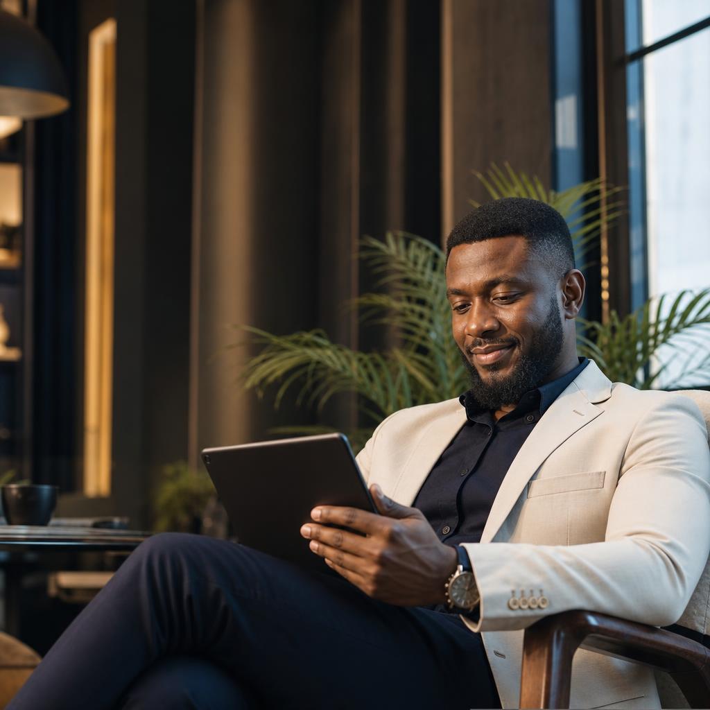 African entrepreneur using a tablet in a welcoming, modern workspace