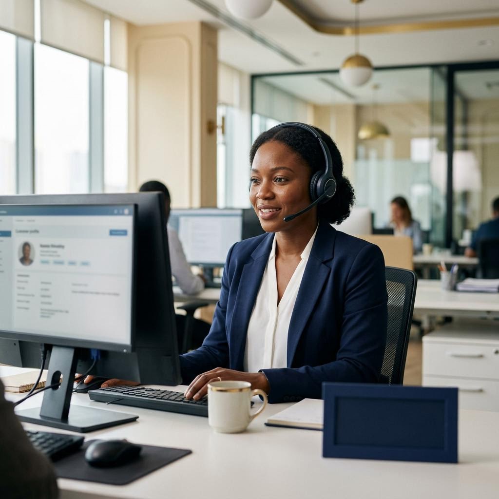 Woman at a customer support desk speaking with a remote customer through a headset and microphone