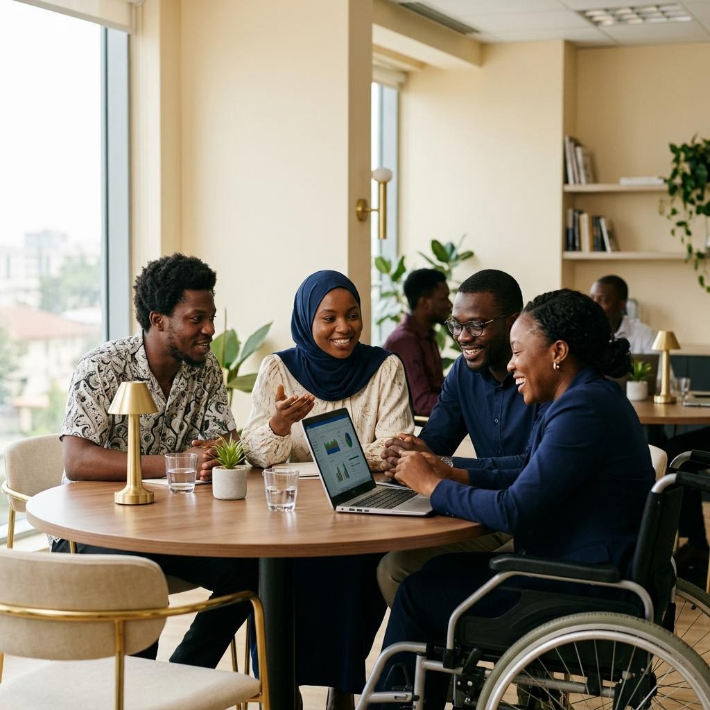 Diverse colleagues, including a wheelchair user, collaborating around a shared laptop
