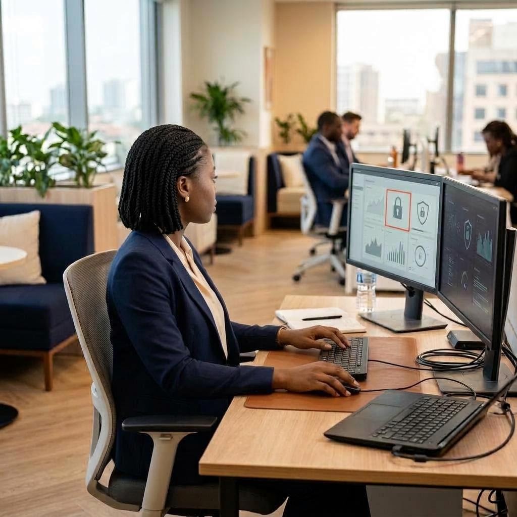 Security specialist turned toward her monitor, concentrating on the security dashboard