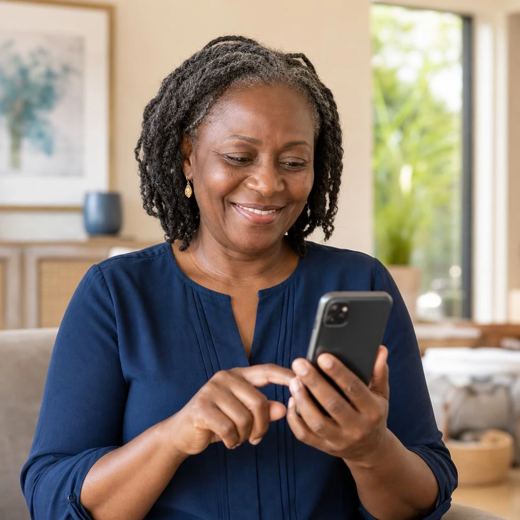 A smiling woman in her 50s using her phone to complete a money transfer