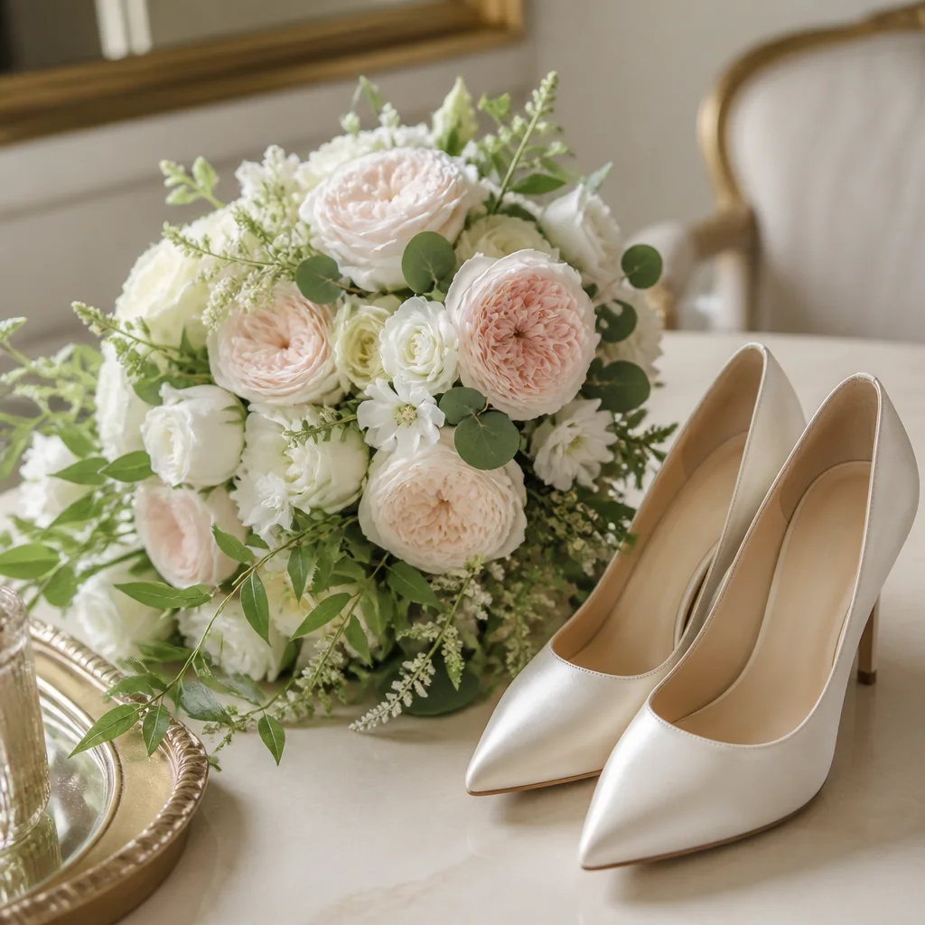 A bridal bouquet and ivory wedding shoes