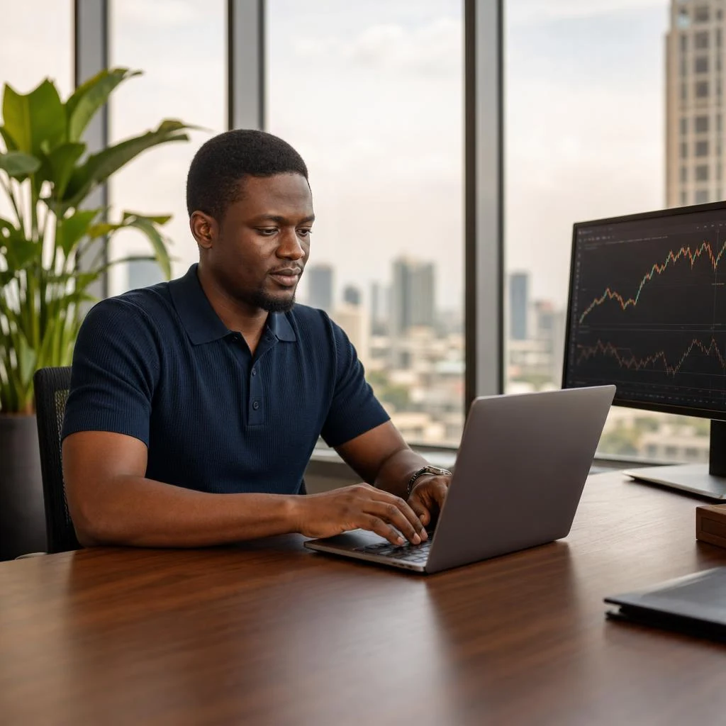 Man reviewing market charts at his laptop