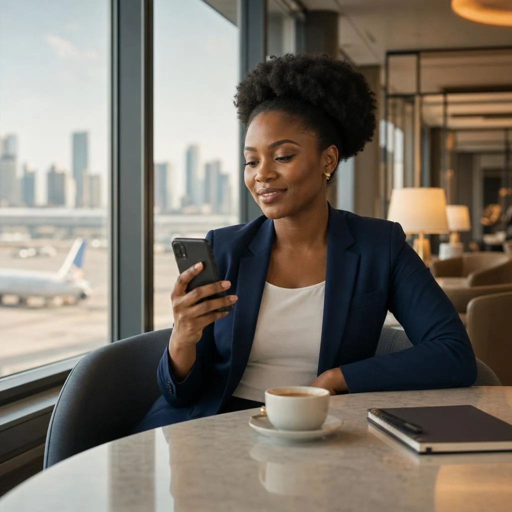 Businesswoman using her phone in an airport lounge