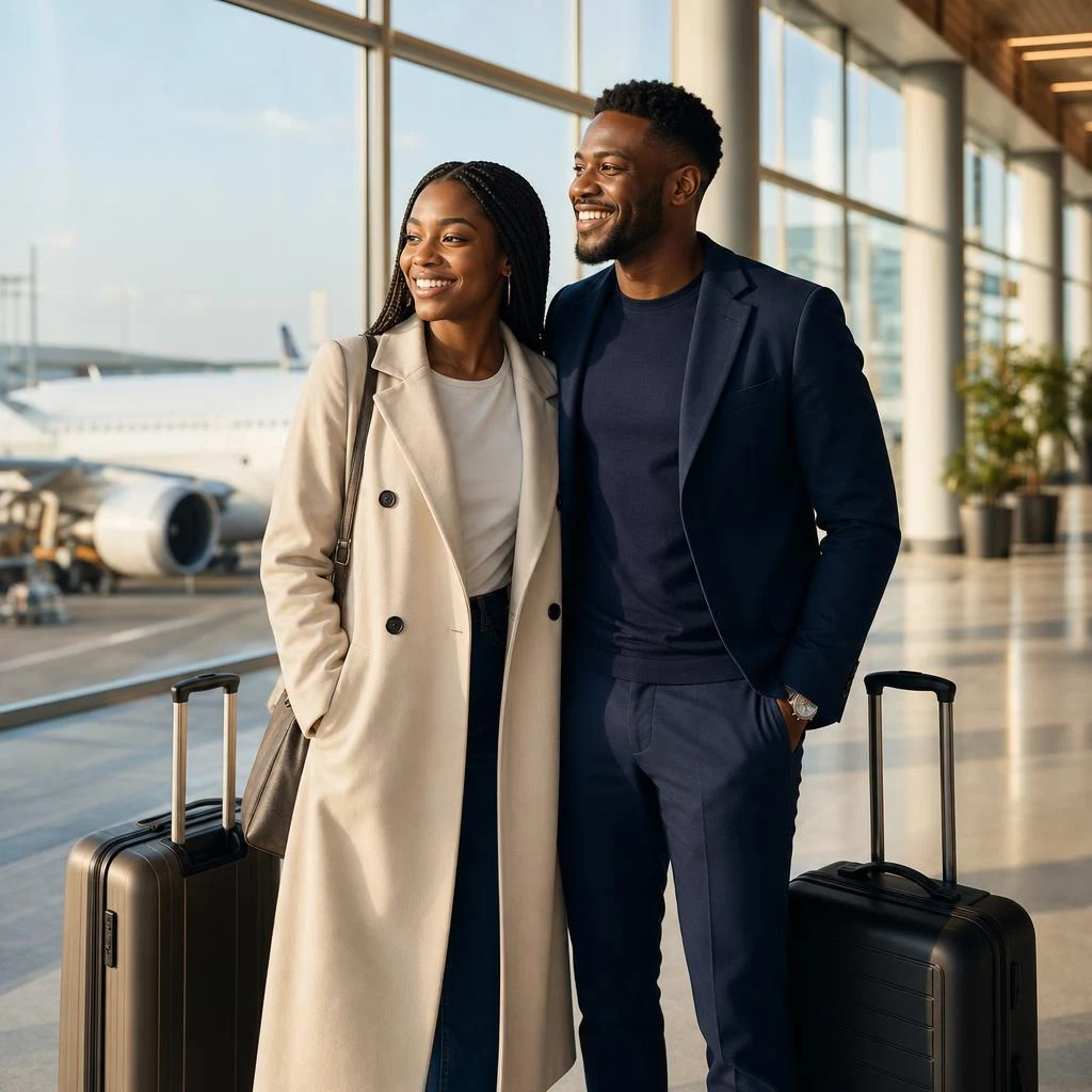 Couple with luggage at an airport terminal