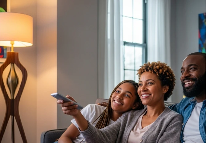 Family relaxing at home with the lights and TV on