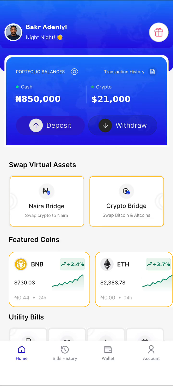 Manilla Pay app dashboard with Bakr Adeniyi’s profile, ₦850,000 and $21,000 balances, and green BNB and ETH growth charts.